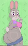 2024 4_fingers anthro big_breasts big_butt bonnie_hopps bottomwear bottomwear_around_legs bottomwear_down breasts butt carrot cellphone clothed clothing clothing_around_legs disney electronics eyebrows female fingers food fur grey_body grey_fur grey_tail half-length_portrait hi_res lagomorph leporid long_ears looking_back mammal mature_anthro mature_female pants pants_around_legs pants_down partially_clothed phone plant portrait purple_eyes rabbit scut_tail short_tail solo standing tail thick_thighs topwear usnarbit vegetable zootopia