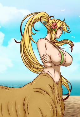 accessory areola beach big_breasts bikini blonde_hair blue_eyes breasts brown_body brown_fur clothing crossed_arms female flower flower_in_hair freckles fur hair hair_accessory long_hair monster_girl_(genre) plant ring_(jewelry) solo swimwear two-piece_swimsuit zuckergelee european_mythology greek_mythology monster_musume mythology centorea_shianus_(monster_musume) centaur equid equid_taur humanoid_taur mammal mammal_taur taur 2026 hi_res
