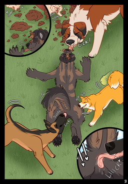 anal anthro anthro_on_feral anus bestiality bite bodily_fluids dazed feral food_on_face hair lying_on_ground nude on_ground oral pet_food rimming saliva sex tail tongue tongue_out pariahpuppy korwin canid canine canis domestic_dog herding_dog malinois_dog mammal molosser mountain_dog pastoral_dog pomeranian saint_bernard sheepdog shiba_inu spitz absurd_res comic hi_res