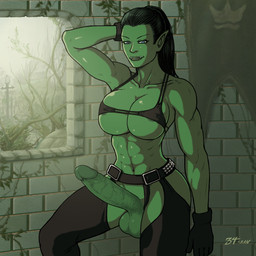 balls big_balls big_breasts big_penis black_clothing black_gloves black_hair black_handwear blue_eyes bra breasts clothing darkened_balls darkened_genitalia darkened_glans darkened_penis erection genitals gloves green_body green_skin gynomorph hair handwear intersex looking_at_viewer not_furry penis solo underwear 34san blizzard_entertainment warcraft humanoid orc 1:1