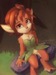 3:4 4_fingers activision anthro big_eyes big_head biped breasts brown_eyes cleavage clothed clothing cloven_hooves crotch_tuft deer elora eyelashes faun_(spyro) female fingers front_view hi_res high-angle_view hooves leaf_clothing looking_at_viewer looking_up mammal naturally_censored on_rock raikoh-illust rock sash sitting slim small_breasts smile solo spyro_reignited_trilogy spyro_the_dragon tuft