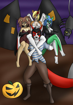 accessory anklet anthro black_hair blonde_hair blue_hair breasts brown_hair choker clothed clothing collar cosplay costume eye_patch eyewear female flower flower_in_hair fur green_body green_fur group hair hair_accessory holidays jack-o'-lantern jewelry male necklace orange_body orange_fur plant red_body red_fur tan_body tan_fur aventis_vixxx halloween aventis nitska angel arachnid arthropod canid canine canis demon domestic_dog felid feline fox lion mammal pantherine spider vampire hi_res