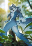 2022 absurd_res anthro aria_(blastdav) blue_body blue_fur blue_hair breasts butt canid canine canis claws day detailed_background digital_media_(artwork) female female_anthro finger_claws fur genitals hair hi_res light lighting looking_at_viewer low-angle_view mammal multicolored_body multicolored_fur open_mouth open_smile outside plant pussy smile solo two_tone_body two_tone_fur wayn_animation white_body white_fur wolf