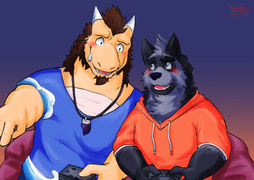 anthro beard blue_clothing blue_shirt blue_topwear blush brown_hair clothed clothing controller duo eye_contact facial_hair fully_clothed fur furniture gesture goatee grey_body grey_fur hair hand_gesture holding_controller holding_object hoodie horn humanoid_hands jewelry looking_at_another male necklace orange_clothing orange_hoodie orange_topwear pointing shirt simple_background sitting smile teeth topwear yellow_body ryu_noshinshi asian_mythology east_asian_mythology mythology password_(visual_novel) dave_(password) orlando_(password) dragon eastern_dragon hyena mammal mythological_creature mythological_scalie scalie striped_hyena hi_res