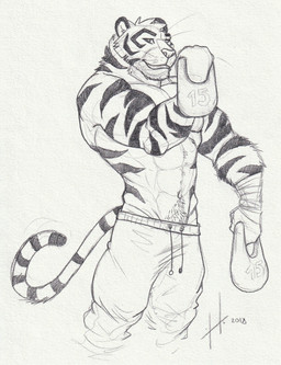abs anthro bottomwear clothed clothing exercise grin looking_at_viewer male male_anthro markings muscular muscular_anthro muscular_male narrowed_eyes navel pants pecs simple_background smile solo standing striped_arms striped_markings striped_tail stripes tail tail_markings topless weightlifting whiskers workout hufnaar felid mammal pantherine tiger 2018 dated hi_res monochrome portrait sketch three-quarter_portrait
