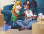 anthro barefoot chinese_food chopsticks clothing cloven_hooves collar duo feet female hair hooves ponytail brian_mcpherson ferra_(brian_mcpherson) mariah_(brian_mcpherson) canid canine deer fox mammal new_world_deer red_fox true_fox white-tailed_deer