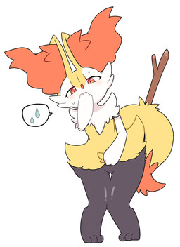 3_fingers 3_toes ambiguous_anthro ambiguous_gender anthro arm_tuft biped black_body black_fur black_legs bodily_fluids butt butt_from_the_front cheek_tuft chest_tuft covering covering_mouth digitigrade dipstick_tail facial_tuft featureless_crotch feet fingers flat_chested fluffy fluffy_tail front_view fur inner_ear_fluff knock-kneed leaning leaning_forward looking_at_viewer markings multicolored_body multicolored_fur narrowed_eyes nude_ambiguous nude_anthro object_in_tail orange_body orange_eyes orange_fur orange_nose orange_tail_tip pointy_ears prick_ears shoulder_tuft simple_background solo speech_bubble standing stick stick_in_tail sweat sweatdrop tail tail_markings toes tuft two_tone_tail white_background white_body white_fur yellow_body yellow_fur yellow_tail yakiniku628 nintendo pokemon braixen canid generation_6_pokemon mammal pokemon_(species) 2022 digital_drawing_(artwork) digital_media_(artwork) flat_colors full-length_portrait hi_res japanese_description portrait translated_description