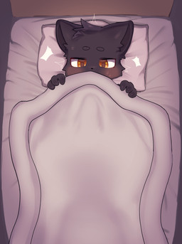 anthro bed bedroom black_body blush furniture male solo surprised young hikku domestic_cat felid feline felis mammal absurd_res hi_res