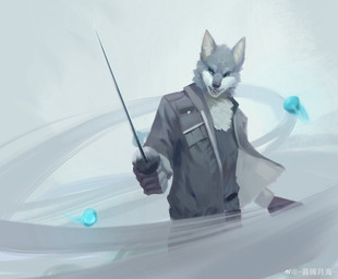 anthro blue_eyes bottomwear cheek_tuft chest_tuft clothed clothing facial_tuft fangs front_view fur grey_body grey_bottomwear grey_clothing grey_fur grey_nose grey_pants grey_topwear holding_melee_weapon holding_object holding_sword holding_weapon male melee_weapon narrowed_eyes open_mouth pants simple_background solo standing sword teeth topwear tuft unsigned weapon white_body white_fur awaldkize canid canine canis mammal wolf absurd_res hi_res