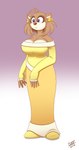 anthro big_breasts big_nose bow_ribbon breasts brown_body brown_fur cleavage clothed clothing curvy_figure dress eyelashes female footwear fur gradient_background gradient_clothing head_tuft neutral_expression no_bra pigtails purple_eyes shoes simple_background sleeves sleeves_past_wrists solo tail tuft wide_hips yellow_clothing yellow_dress drxii sega sonic_the_hedgehog_(series) fan_character toffee_the_hedgehog eulipotyphlan hedgehog mammal 2016 absurd_res hi_res watermark