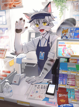 anthro apron cash_register clothing fur gesture grey_body grey_fur hair hat headgear headwear looking_at_viewer male salesman shirt solo tail topwear yellow_eyes guaishoudm1 weibo domestic_cat felid feline felis mammal 2025 absurd_res hi_res