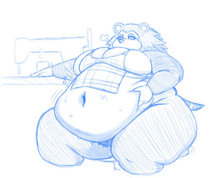 anthro apron apron_only belly big_belly big_breasts bodily_fluids breasts breath bubble clothing eyelashes female freckles half-closed_eyes hand_on_belly narrowed_eyes navel obese obese_anthro obese_female overweight overweight_anthro overweight_female sewing_machine short_tail simple_background sitting solo sweat sweatdrop sweaty_belly tail white_background goolabjamoon animal_crossing nintendo sable_able eulipotyphlan hedgehog mammal blue_and_white hi_res monochrome