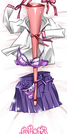 bed_sheet bedding bird's-eye_view bottomwear bra clothing collared_shirt commentary dakimakura dress_shirt high-angle_view horn_(musical_instrument) humor lingerie musical_instrument panties parody pigtails pun purple_bottomwear purple_bra purple_clothing purple_panties purple_skirt purple_underwear ribbons school_uniform shirt simple_background skirt text topwear underwear uniform vuvuzela what white_background white_clothing white_shirt white_topwear wind_instrument zero_pictured caffein absurd_res dakimakura_design english_text grandfathered_content hi_res translated