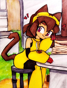 anthro brown_hair chair clothed clothing female furniture hair hand_on_head on_chair pear-shaped_figure red_eyes short_hair sitting sitting_on_chair sleeveless_clothing smile solo table tan_body wide_hips yellow_clothing liaaqila gameoverse glitch_productions kit_bodega felid feline mammal colored hi_res