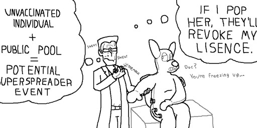 air_valve anthro bodily_fluids clothed clothing coat dialogue doctor duo eyewear female glasses inflatable inner_monologue lab_coat male nervous nude pool_toy pool_toy_handle sweat syringe tear_trough text thinking thought_bubble topwear vaccine valve_nipple meow-moment_(artist) dr._yiphman animate_inanimate human kangaroo living_inflatable living_pool_toy macropod mammal marsupial black_and_white english_text monochrome