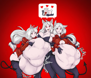 abdominal_bulge accessory ahoge beckoning belly belly_rub big_belly big_breasts biped black_bottomwear black_clothing black_gloves black_handwear black_pants black_underwear bodily_noises bottomwear bra breasts churn cleavage cleavage_cutout clothed clothing cutout different_sound_effects digestion face_imprint female female_pred gesture glistening glistening_body glistening_skin gloves glunk_(sound_effect) group hair hair_accessory hair_tie hand_on_belly handwear heart_symbol huge_breasts humanoid_pred imprint light_body light_skin long_hair looking_at_viewer midriff monotone_hair navel necktie onomatopoeia open_mouth open_smile oral_vore pants poking ponytail red_background red_clothing red_eyes red_shirt red_topwear rumbling_stomach same_size_vore shared_heart shared_speech_bubble shirt shortened_sound_effect simple_background slosh sloshing_belly smile soft_vore sound_effect_variant sound_effects spade_tail speech_bubble standing tail text tongue tongue_out topwear underwear vore vowelless vowelless_sound_effect white_hair wide_hips stickyglobule helltaker cerberus_(helltaker) animal_humanoid canid canid_demon canid_humanoid canine canine_humanoid demon humanoid mammal mammal_humanoid digital_media_(artwork) english_text pictographics