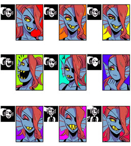 :3 anthro blue_background bodily_fluids eye_patch eyes_closed eyewear female frown green_background grin hair hair_over_eye laugh one_eye_obstructed open_mouth orange_background purple_background red_background red_hair sharp_teeth simple_background smile solo sweat teeth yellow_background yellow_eyes hallucinationdream undertale undertale_(series) undyne animal_humanoid aquatic aquatic_humanoid boss_monster_(undertale) fish fish_humanoid humanoid monster expression_sheet source_request unavailable_at_source