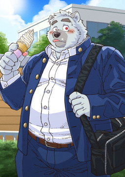 anthro blush bottomwear clothing dessert food humanoid_hands ice_cream kemono male outside overweight overweight_male pants shirt solo standing surprised topwear ryuta-h bear mammal polar_bear ursine 2026 hi_res
