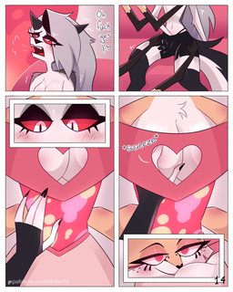 anthro bedroom_eyes blush blush_lines bodily_fluids breast_fondling breast_play breasts cleavage_cutout clenching clenching_vulva clothed clothing clothing_lift cutout dialogue duo eyelashes female female/female fondling freckled_face freckles hand_on_breast heart_eyes heart_symbol long_eyelashes looking_pleasured moan motion_lines narrowed_eyes seductive shirt shirt_lift sweat sweatdrop text thong_straps topwear kat._.arts hellaverse helluva_boss mythology loona_(helluva_boss) queen_bee-lzebub_(helluva_boss) canid canid_demon canine demon hellhound mammal mythological_canine mythological_creature 4:5 absurd_res comic english_text hi_res url