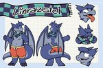 anthro blue_body blue_scales bottomwear claws clothed clothing embarrassed fin freckles furgonomic_bottomwear furgonomics male narrowed_eyes overweight overweight_male scales scarf shorts simple_background slightly_chubby solo standing tail text tongue tongue_out topless wings dozendav mythology linrazstel dragon mythological_creature mythological_scalie scalie character_name digital_media_(artwork) hi_res model_sheet tagme