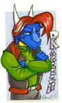 4_fingers anthro blue_body blue_scales clothed clothing crossed_arms fingers fully_clothed hair horn long_hair looking_at_viewer red_hair scales shirt smile solo text topwear vest white_horn rakeesh_(artist) mythology rakeesh_sorrel dragon mythological_creature mythological_scalie scalie half-length_portrait portrait signature traditional_media_(artwork)