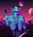 anthro blood bodily_fluids clothed clothing eyewear male melee_weapon night outside planet ranged_weapon sky solo star starry_sky sunglasses sword weapon anonymous_artist outrun hi_res