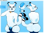 anthro balls big_butt blue_body blush bodily_fluids butt fur genital_fluids genitals male nipples nude open_mouth penis simple_background smile solo tail text white_body mertvykhcrows domestic_cat felid feline felis mammal blue_theme hi_res