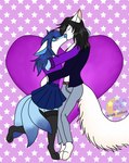 3_tails abstract_background anthro black_hair blouse blue_hair blue_nose bottomwear clothed clothing duo ears_down eyes_closed femboy fluffy fluffy_tail footwear fur hair hands_on_hips hands_on_neck heart_symbol holidays hug jacket kissing legwear long_hair long_sleeves long_tail male male/male multi_tail multicolored_body multicolored_fur pants paws pivoted_ears raised_leg romantic romantic_couple shirt skirt socks star stockings tail tail_under_skirt topwear white_body white_fur sickbitch valentine's_day nikko_tsukino tsai_the_kitsune canid canine domestic_cat felid feline felis fox mammal