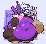 anthro belly belly_rolls big_belly breath chubby_cheeks deep_navel exhausted gameplay_mechanics glistening glistening_body huge_thighs hyper hyper_thighs male moobs navel obese obese_anthro obese_male overweight overweight_anthro overweight_male simple_background solo thick_arms thick_thighs roundedpentagon mario_bros nintendo nabbit lagomorph leporid mammal rabbit