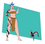 absurd_res animal_humanoid annoyed anthro bandeau blue_hair bottomwear breasts brown_hair clothing dragon dragon_humanoid duo ear_piercing ear_ring female fishnet_clothing fishnet_legwear hair hand_on_hip hi_res horn human humanoid legwear loincloth long_hair looking_up macro mammal membrane_(anatomy) membranous_wings mythological_creature mythological_scalie mythology pestilad piercing ring_piercing scalie simple_background size_difference spiky_hair tail tattoo teasing topwear translucent translucent_clothing wings