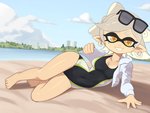 beach breasts clothed clothing ear_piercing ear_ring eyewear eyewear_on_head female hoodie humanoid_pointy_ears one-piece_swimsuit outside piercing pointy_ears pupils ring_piercing sand seaside solo sunglasses sunglasses_on_head swimwear topwear unusual_pupils barleyshake nintendo splatoon marie_(splatoon) animal_humanoid cephalopod cephalopod_humanoid humanoid inkling marine marine_humanoid mollusk mollusk_humanoid 2021 4:3 hi_res