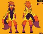 anthro black_nose butt color_swatch eyebrows flaccid fur genitals hair male markings multicolored_body multicolored_fur nude orange_body orange_fur orange_hair orange_markings penis pink_eyes purple_body purple_fur simple_background solo stripes wide_hips yellow_body yellow_fur punishedkom felid hybrid lion mammal pantherine character_name model_sheet warm_colors