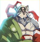 abs anthro clothed clothing fur grey_body grey_fur hat headgear headwear male mongolian mongolian_clothing muscular muscular_anthro muscular_male pecs solo tattoo abasirisippo lifewonders tokyo_afterschool_summoners temujin_(tas) canid canine canis mammal wolf 2020