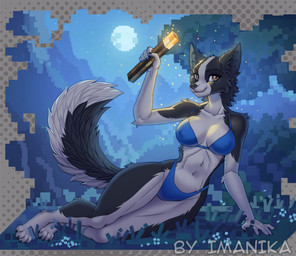 4_toes 5_fingers anthro breasts brown_eyes claws clothed clothed_anthro clothed_female clothing countershade_torso countershading feet female finger_claws fingers front_view fur grey_body grey_fur grey_tail looking_at_viewer navel smile solo tail toe_claws toes imanika microsoft minecraft mojang xbox_game_studios canid canine canis domestic_dog mammal 2025 digital_media_(artwork)