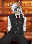 anthro belt biped braided_hair clothed clothing ear_tuft fangs fully_clothed fur grey_body grey_fur hair highlights_(coloring) jacket leather leather_clothing leather_jacket leather_topwear leather_vest male necktie orange_eyes orange_highlights sitting smile solo teeth topwear tuft vest white_hair accelo steele_(accelo) felid mammal prehistoric_species saber-toothed_tiger 2019 digital_media_(artwork) hi_res