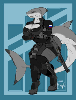 abstract_background anthro belt benelli_m4 biceps big_breasts black_eyes blue_background bodysuit breasts clothing eyelashes female fin flag flexing gills gloves grey_body gun hairless handwear holster holstered_pistol huge_breasts knee_pads military military_uniform muscular muscular_arms muscular_female non-mammal_breasts piercing pouches ranged_weapon russian_flag shark_tail sharp_teeth shirt shotgun shoulder_pads simple_background skinsuit smile solo t-shirt tactical_gear tactical_suit tail teeth thick_thighs tight_clothing topwear uniform weapon wide_hips ech0shark linkin_park anna_karharova aquatic fish shark hi_res