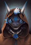 anthro black_body black_scales blue_eyes clothed clothing fluffy horn scales smile solo teeth goldendruid mythology dragon mythological_creature mythological_scalie reptile scalie 2021 digital_media_(artwork) headshot_portrait portrait