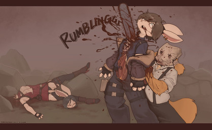 4_fingers absolute_territory anthro bad_end bag_on_head bare_breasts blood blood_from_mouth blood_in_mouth blood_puddle blood_splatter blood_spray bodily_fluids breasts buckteeth chainsaw clothed clothing corpse dead_eyes death death_piss decapitation defeated_hero defeated_heroine dying ear_piercing ear_ring execution female female_death fingerless_gloves fingers fluffy fluffy_tail genital_fluids gloves gore guts gutted handwear improvised_weapon intestines killing male male_death mutilation natural_breasts nipples no_bra nosebleed onomatopoeia open_dress organs pain panties peeing piercing power_tool rib_cage ring_piercing rock ryona severed_body_part severed_head small_breasts sound_effects stab suffering tail teeth text tools underwear urine violence weapon wetting him_army capcom resident_evil ada_wong leon_kennedy canid canine canis domestic_dog lagomorph leporid mammal rabbit hi_res