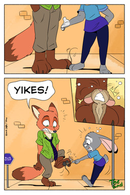 3_toes anthro barefoot between_toes black_nose bottomwear brown_body brown_fur brown_tail claws clothed clothing dialogue dipstick_ears dipstick_tail ear_markings exclamation_point feet female female_anthro foot_focus fully_clothed fur gesture green_eyes grey_body grey_fur grey_tail group hand_gesture hand_in_pocket hands_in_both_pockets head_tuft larger_anthro looking_at_another looking_down male male_anthro markings multicolored_ears multicolored_tail necktie nude open_mouth orange_body orange_fur orange_tail outside pants pawpads pockets pointing shirt sidewalk sign size_difference smaller_anthro speech_bubble stuck surprised tail tail_markings teeth text toe_claws toes topwear tuft wide_eyed yelling joaoppereiraus disney zootopia judy_hopps nick_wilde american_red_fox canid canine european_rabbit fox house_mouse lagomorph leporid mammal mouse murid murine oryctolagus rabbit red_fox rodent true_fox 2018 2:3 absurd_res comic english_text hi_res