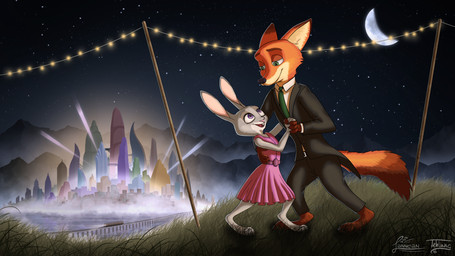 anthro anthro_on_anthro barefoot black_nose bottomwear buckteeth building city clothed clothing dancing detailed_background dipstick_ears dress duo ear_markings eye_contact feet fluffy fluffy_tail fully_clothed fur grass green_eyes grey_body grey_fur hand_holding inner_ear_fluff light lights looking_at_another moon multicolored_ears necktie night open_mouth open_smile orange_body orange_fur outside pants plant purple_eyes sky smile star starry_sky suit tail teeth train tuft vehicle lannean varisart disney zootopia judy_hopps nick_wilde canid canine fox lagomorph leporid mammal rabbit red_fox true_fox 2016 absurd_res artist_collaboration hi_res lighting