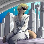 anthro blonde_hair blue_eyes brown_body brown_fur city city_background clothing flying_vehicle fur hair jedi jedi_tunic male otter_tail shirt sky solo text topwear traffic tunic white_clothing white_shirt white_topwear white_tunic pandottermon star_wars mammal mustelid otter 1:1 2019 artist_name hi_res signature