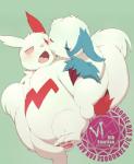 ambiguous_gender blue_body blue_fur blue_markings carrying_another duo eyes_closed fangs fur green_background kissing markings overweight piggyback pink_eyes red_markings simple_background slightly_chubby tail teeth text white_body white_fur yonezmi nintendo pokemon zangoose_day generation_3_pokemon pokemon_(species) shiny_pokemon zangoose english_text hi_res