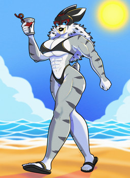 5_fingers 5_toes abs anthro beach big_breasts bikini biped black_bikini black_clothing black_footwear black_lipstick black_mask black_sandals black_swimwear blue_sclera breasts clothing cloud container cup day drinking_glass fangs feet female fingers footwear fur glass glass_container glass_cup grey_body grey_fur hair holding_container holding_cup holding_drinking_glass holding_object lipstick makeup mask muscular muscular_anthro muscular_female navel outside sabertooth_(anatomy) sand sandals scut_tail shoes short_tail sky solo sports_mask sportswear striped_body striped_fur stripes sun swimwear tail teeth toes two-piece_swimsuit under_boob water white_body white_fur white_hair wrestling_mask yellow_teeth roboticsteve ring_cats saber_(roboticsteve) felid mammal prehistoric_species saber-toothed_tiger 2025 absurd_res digital_drawing_(artwork) digital_media_(artwork) hi_res