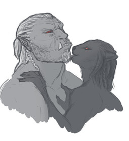 ambiguous_gender anthro duo facial_hair hair licking male male/ambiguous red_eyes simple_background teeth tongue tongue_out microsoft the_elder_scrolls felid humanoid khajiit mammal orc greyscale hi_res monochrome spot_color