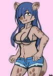 anthro bikini bikini_top black_bikini black_bikini_top black_clothing black_swimwear blue_bottomwear blue_clothing blue_hair bottomwear breasts cheek_tuft clothed clothing crossgender cutoffs denim denim_bottomwear denim_clothing facial_tuft female fur fur_tuft gtf_crossgender hair hair_over_eye itf_crossgender looking_at_viewer markings nipple_outline one_eye_obstructed open_mouth open_shorts shorts simple_background skimpy solo spots spotted_body spotted_fur swimwear tuft two-piece_swimsuit under_boob solt interspecies_reviewers elza_(interspecies_reviewers) hyena mammal 2020 hi_res gynomorph_(lore)