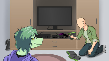 anthro bald biped black_clothing black_shirt black_topwear clothed clothed_anthro clothed_female clothed_human clothed_male clothing duo electronics female fingers footwear freckled_face freckles game_case green_body green_clothing green_hair green_jacket green_shirt green_topwear grey_eyes hair half-closed_eyes hoodie human_on_anthro humanoid_hands inside interspecies jacket looking_at_another male male/female narrowed_eyes open_clothing open_jacket open_topwear purple_clothing purple_hoodie purple_topwear rear_view shirt short_hair smile socks television topwear yellow_sclera sebek_fereh_ra cavemanon_studios i_wani_hug_that_gator microsoft snoot_game xbox xbox_game_studios anon_(snoot_game) olivia_halford baryonyx dinosaur human mammal prehistoric_species reptile saurischian scalie spinosaurid theropod colored crossover hi_res shaded