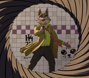 anthro belt card claws clothing coat eyewear eyewear_on_head fangs fur graffiti graffiti_on_wall gun looking_at_viewer male paws pink_claws purple_body purple_fur ranged_weapon solo sunglasses sunglasses_on_head teeth topwear wall_(structure) weapon wearing_sunglasses yellow_eyes viggo 007 friends_vs_friends dale_donovan_(friends_vs_friends) canid canine canis mammal wolf hi_res