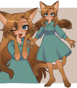 4_fingers 4_toes anthro barefoot blush breasts clothed clothed_anthro clothed_female clothing dress fangs feet female female_anthro fingers fur hair kemono looking_at_viewer one_eye_closed open_mouth pawpads paws solo tail teeth toes tongue whiskers wink kayama_akimaru domestic_cat felid feline felis mammal 2023 absurd_res digital_media_(artwork) hi_res