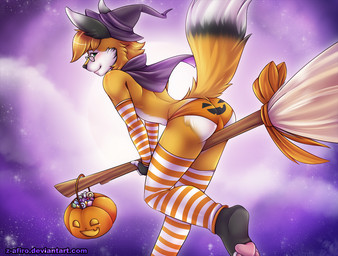 anthro armwear barefoot biped black_body black_fur blush broom bulge butt butt_pose candy cape cleaning_tool clothed clothing costume dessert dipstick_ears dipstick_tail ear_markings eyewear feet femboy fingerless_(marking) food fruit fur glasses green_eyes hat headgear headwear holding_object holidays jack-o'-lantern legwear looking_aside looking_at_viewer male markings moon multicolored_ears multicolored_tail night orange_body orange_clothing orange_fur orange_underwear panties pattern_armwear pattern_clothing pattern_legwear pince-nez plant pose pumpkin raised_tail ribbons skimpy smile solo straddling striped_armwear striped_clothing striped_legwear stripes tail tail_markings topless underwear white_body white_fur witch_hat z-afiro halloween haiku_(haikufox) canid canine fox mammal 2017