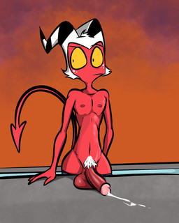balls big_penis bodily_fluids clothing cum genital_fluids genitals male nipples nude_male penis poolside pubes solo swimwear swimwear_down illegaleel hellaverse helluva_boss moxxie_(helluva_boss) humanoid imp 4:5 absurd_res hi_res